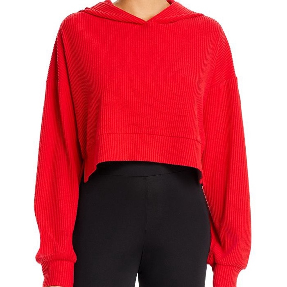 ALO YOGA Muse Rib Knit Hooded Sweatshirt In Scarlet Red